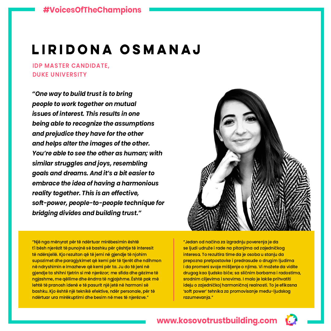 Master of International Development Policy Candidate at Duke University, Liridona Osmanaj is a #KTBChampion!